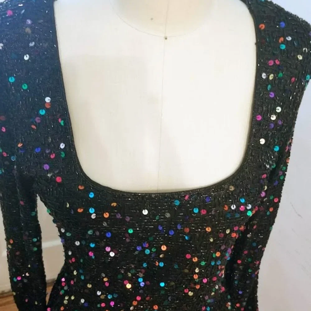 EUC | STUNNING | Oleg Cassini | Black Beaded Dress | Confetti Sequins | Size: 12 - Picture 5 of 16